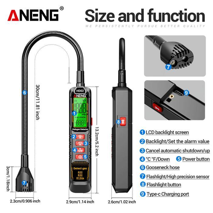 Aneng HD02 Detektor Kebocoran Halogen R22/R32/R134A Detektor Gas Freon AC Rechargable Type-C