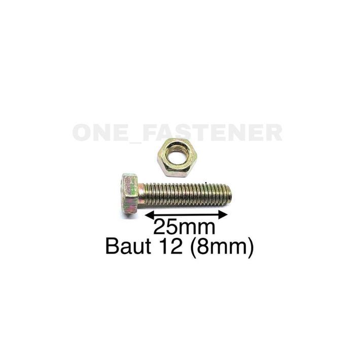[] 50 pcs Baut Mur M8x25 Kuning BMK 8mm Panjang 2.5cm Kunci 12 M8 8x25
