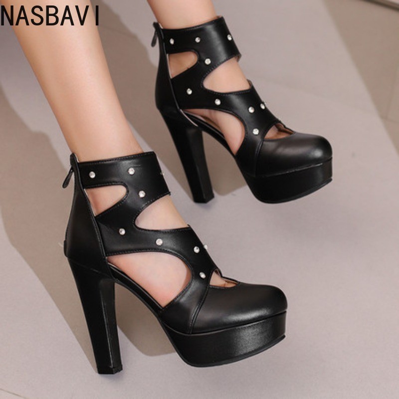 NASBAVI Summer Fashion Women Sandals Round Toe Chunky Heels 12cm Platform 3.5cm Zipper Crystal Plus