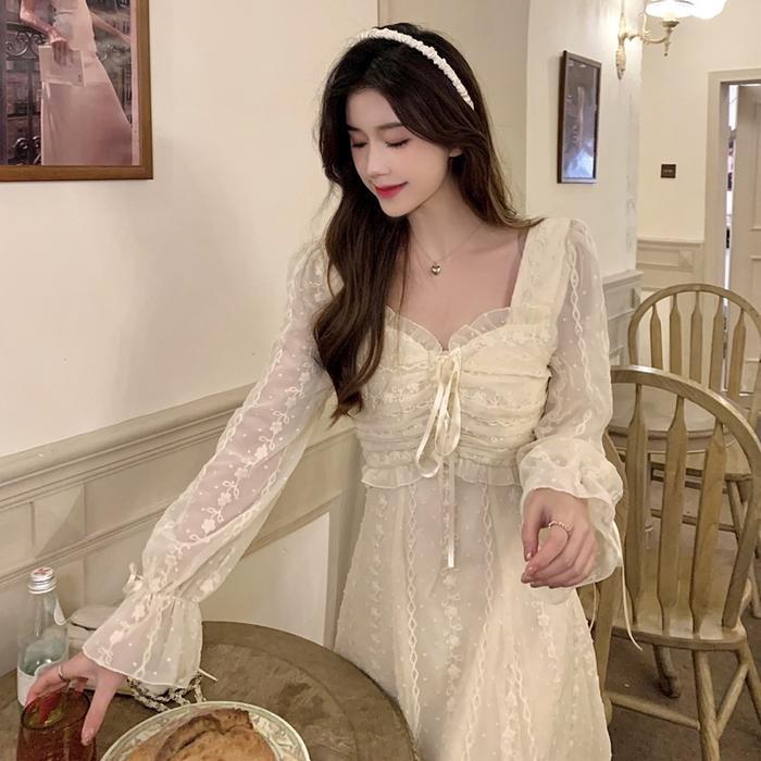 READY Dress Midi Cream Wanita Lengan Pendek Dan Lengan Panjang Kondangan Brukat Gaun Pesta Mewah