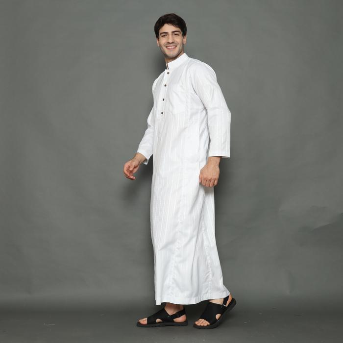 Rev Gamis Jubah Pria Dewasa Putih Motif Salur Bulat Fashion Muslim Pria Katun Premium