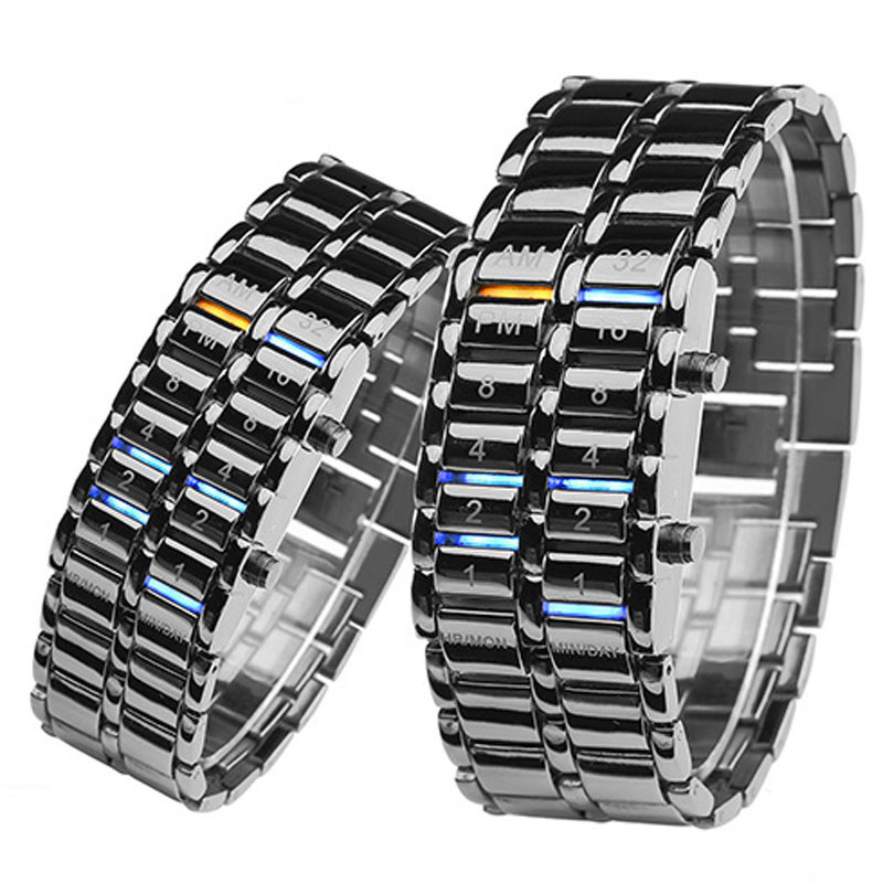 Upgraded Version Lava Iron Samurai Watch Men Bracelet Watches Men Binary Led Watches Black Stainless