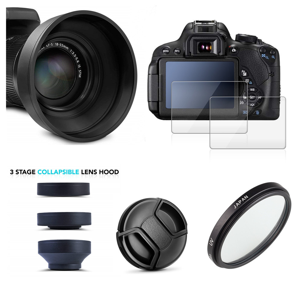 58mm UV Filter Collapsible Lens Hood Cap + 2x Glass Screen Protector for Canon 4000D 2000D 1300D T10