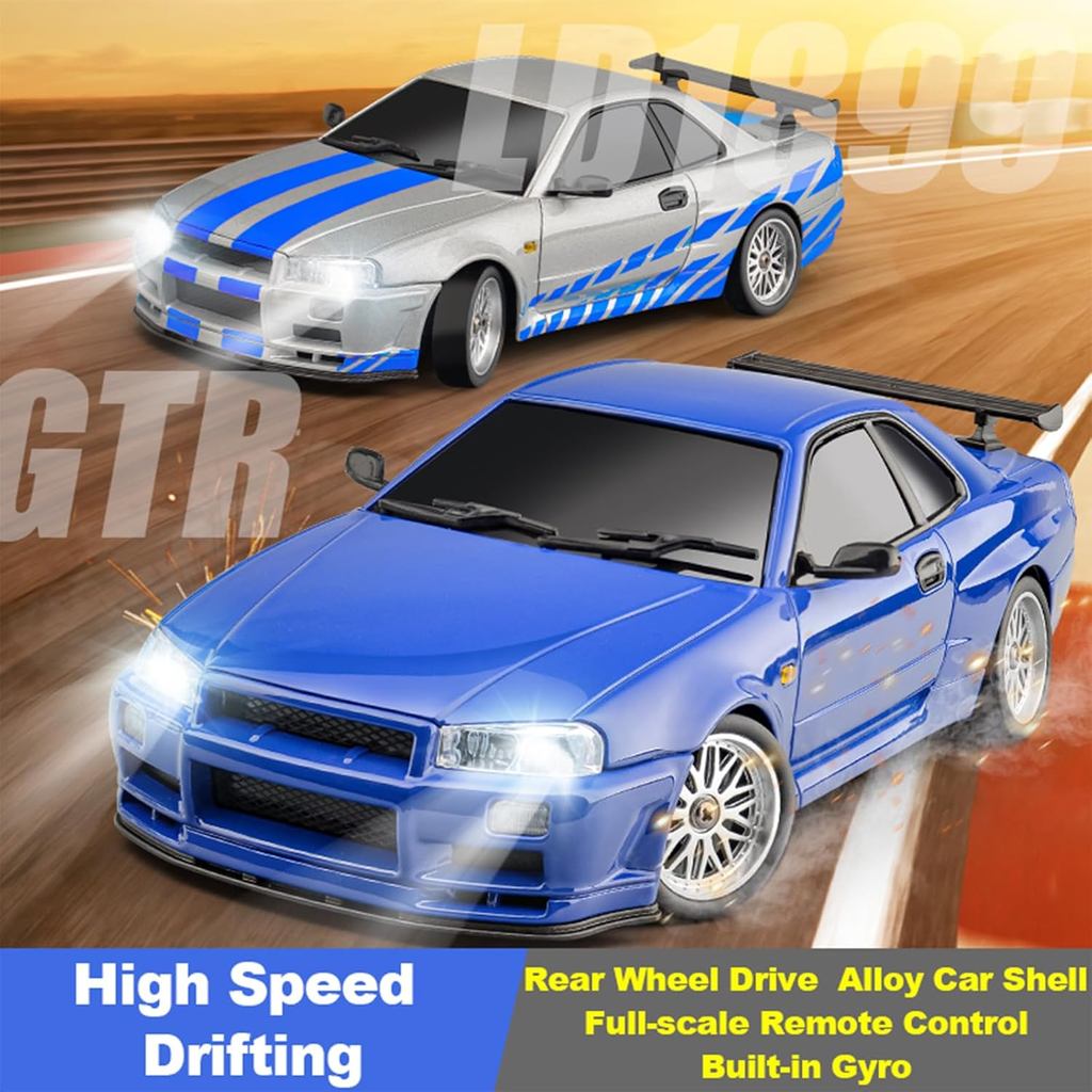 LDRC 1899 1/18 RC Drift Car LD1899 GTR Mode R34 2.4GHz RWD with Gyroscope on-Road Alloy Body Shell