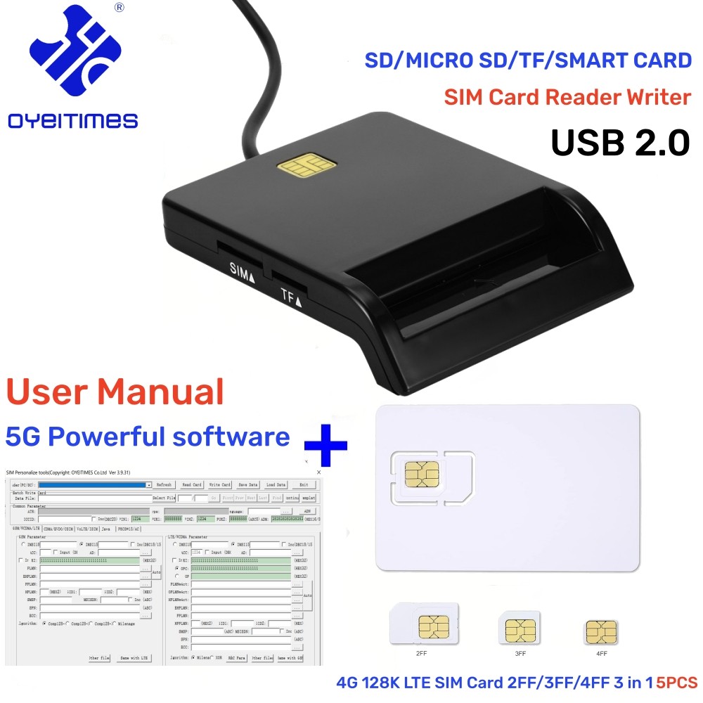 Oyeitimes Sim Card Reader Writer+5Pcs 2Ff/3Ff/4Ff Programmable 4G Lte Usim Usim Card Wcdma Gsm