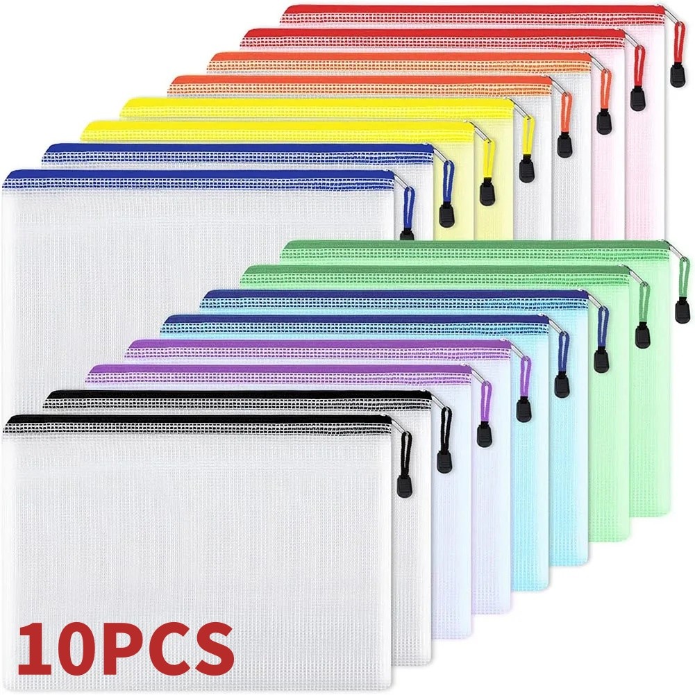 5/10 Pcs A3/A4/A5/A6 Mesh Zipper Pouch Document Bag Waterproof Zip File Folders Pencil Case Storage