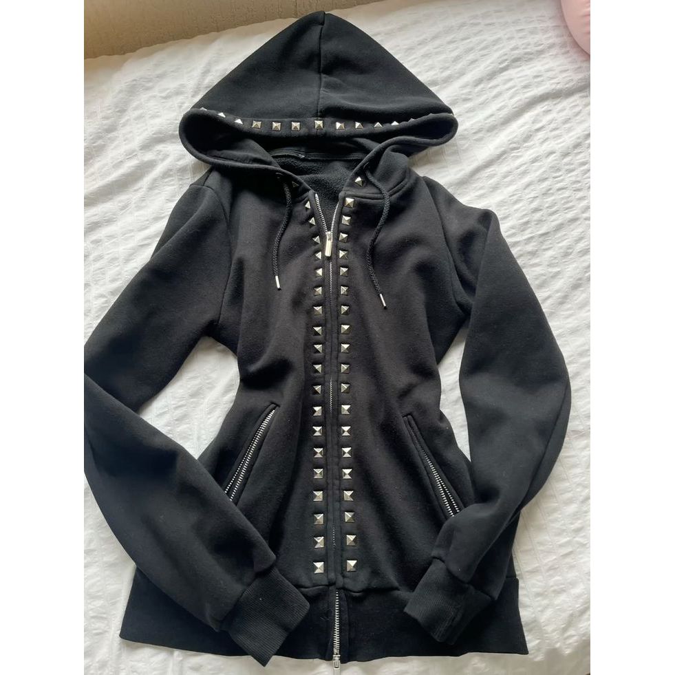 Y2K New Emo Fashion Rivet Zipper Hoodie Women Harajuku Black Oversized Hoodie Gothic Retro Classic