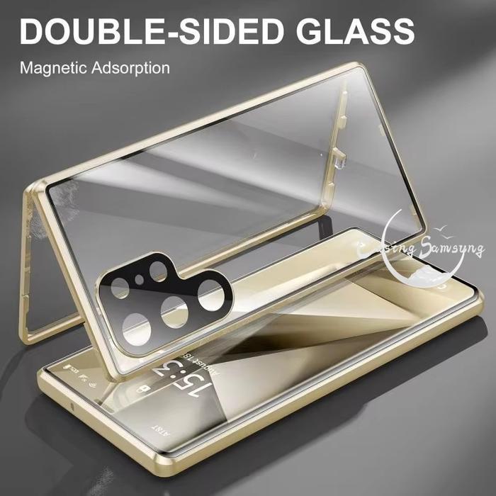 360 Glass Casing Double Sided Metal Snap Lock Phone Case For Samsung Galaxy S25 S24 S23 S22 Ultra