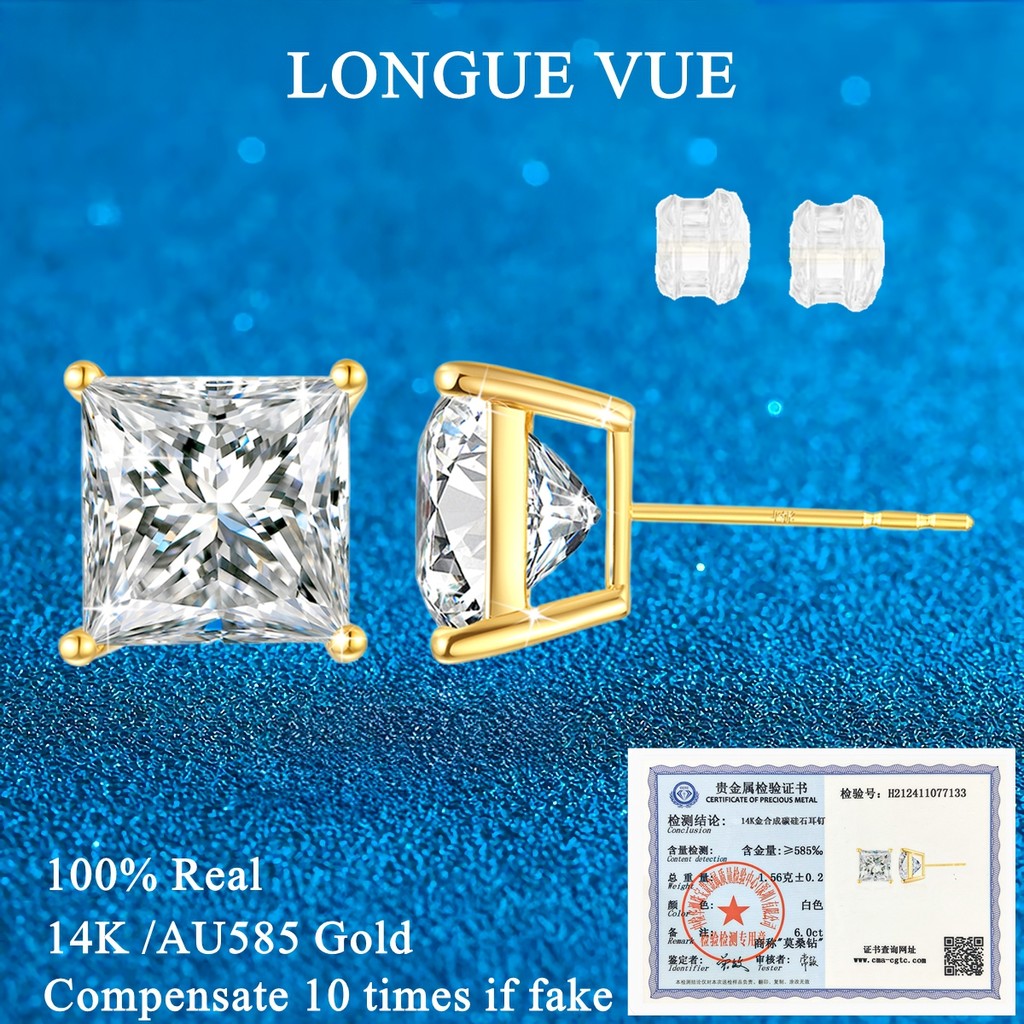 With Stamp AU585 14k Gold Square Stud Earring Princess Cut Moissanite Earrings Lab Diamonds Jewelry