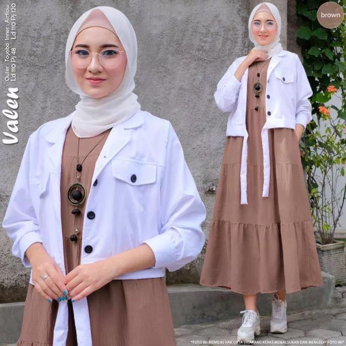 Valen Set 2In1 Setelan Polos Baju Wanita Muslimah Iner Gamis Panjang + Atasan Outhers Putih Terbaru