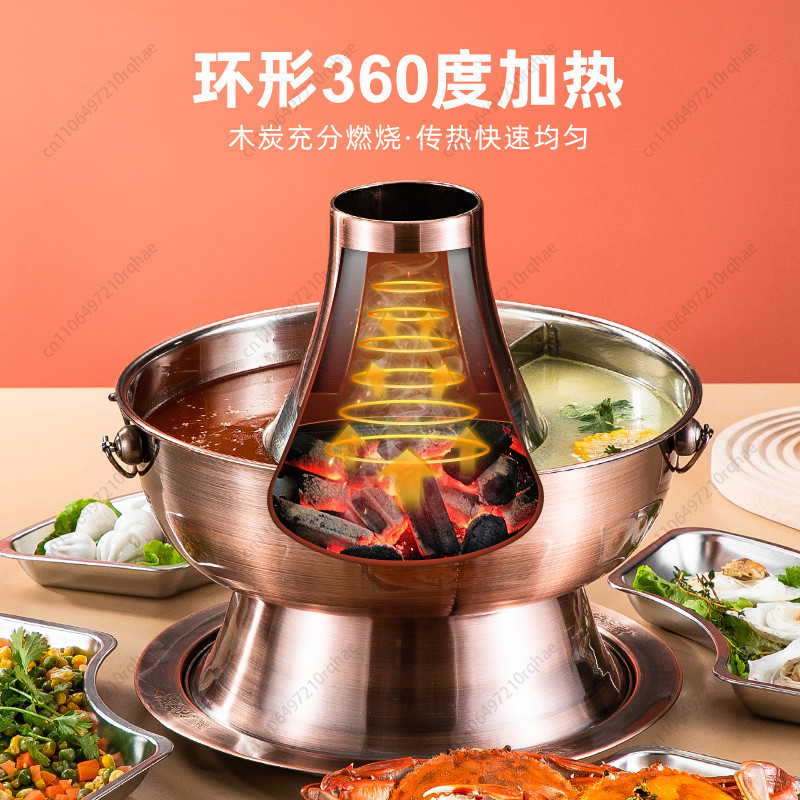 Old Beijing Copper Hot Pot, Traditional Charcoal Pot with Side Burner, Household Mutton BBQ Pot for