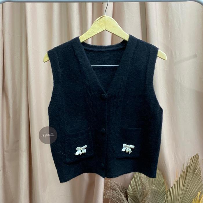 Haseena Vest Knit Shania Rompi Saku Pita Outer V Neck RajutHalusWanita Pasti Promo
