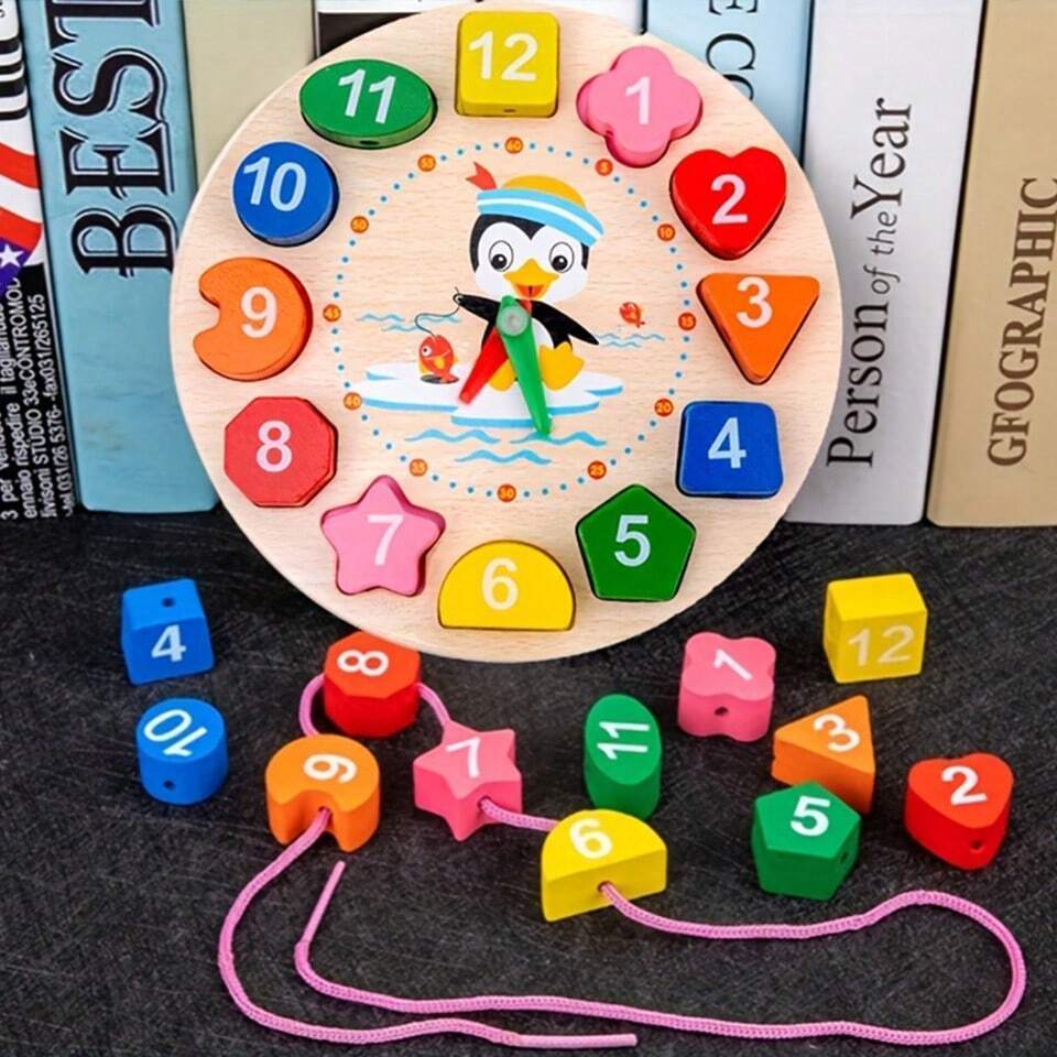 Clock Toy Wooden Teaching Clock Penguin Clock Toys Teaching Time Number Puzzle Stacking Montessori