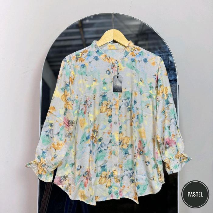 Sania Alisa Blues Kemeja Wanita Rayon Motif Bunga Elegan Dan Nyaman Untuk Tampilan Harian Terlaris