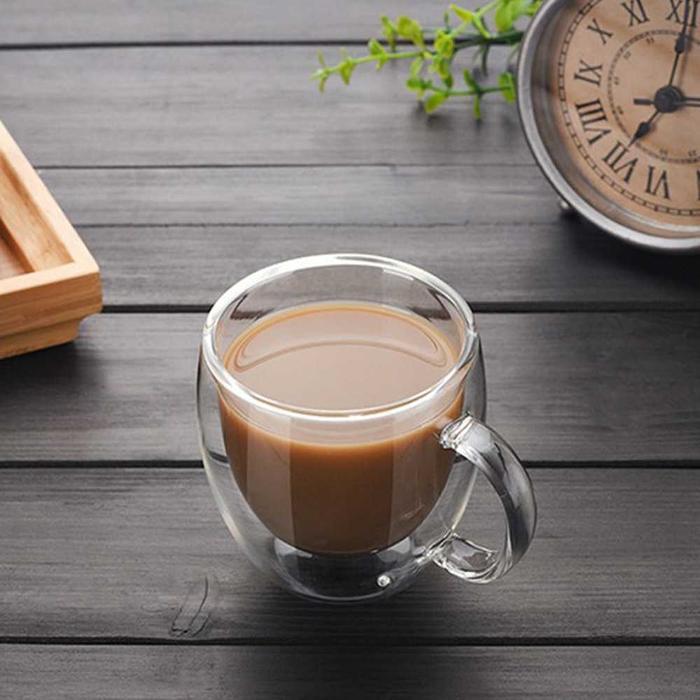 GELAS CANGKIR KOPI ANTI PANAS DOUBLE WALL GLASS ROUND KACA ESTETIK GELAS UNIK GAGANG BELING CAFE