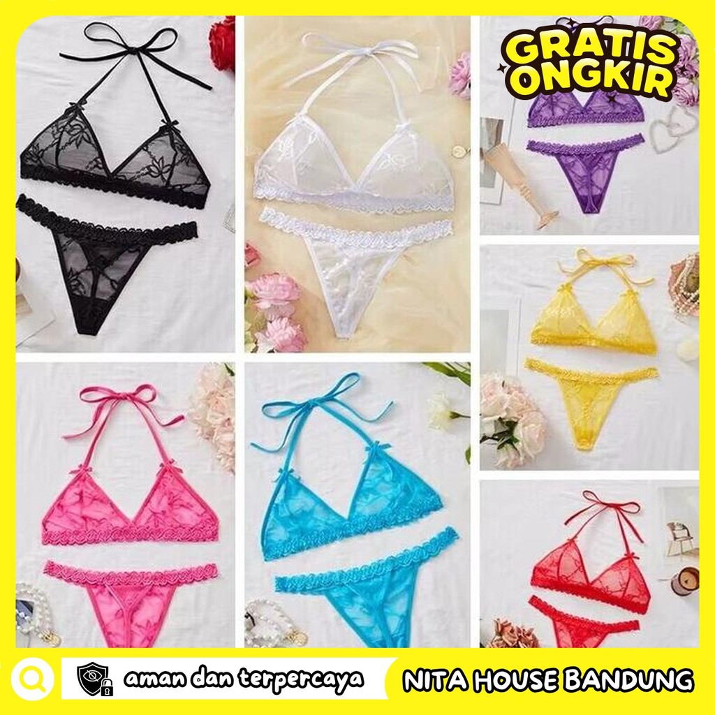 SET BIKINI WANITA RENDA TRANSPARAN BRA SET FLORAL PRIVASI AMAN