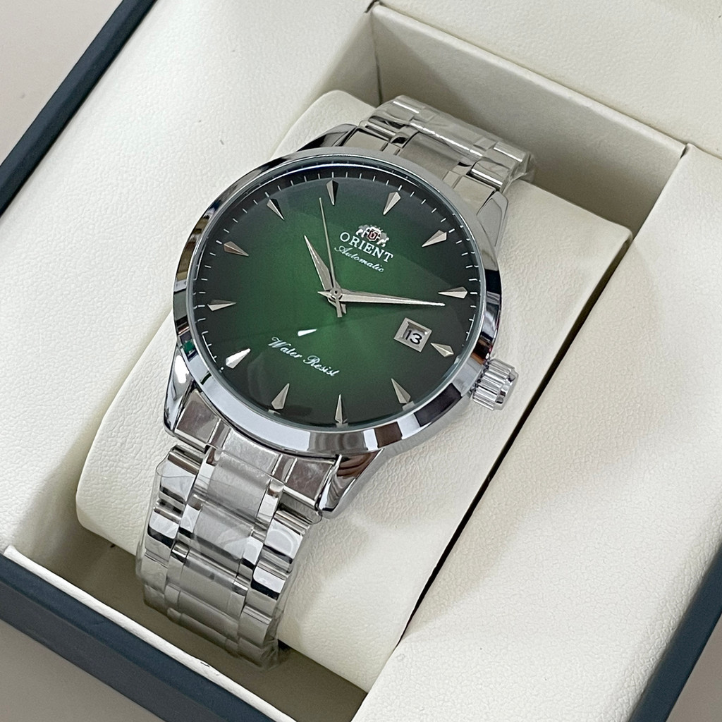 Orient Automatic Men's Watch Green Sunray Dial Black Leather Strap Water Resistant Classic Business