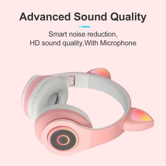 Headphone Bluetooth Wireless Telinga Kucing Lucu TF Card AUX Mic LED