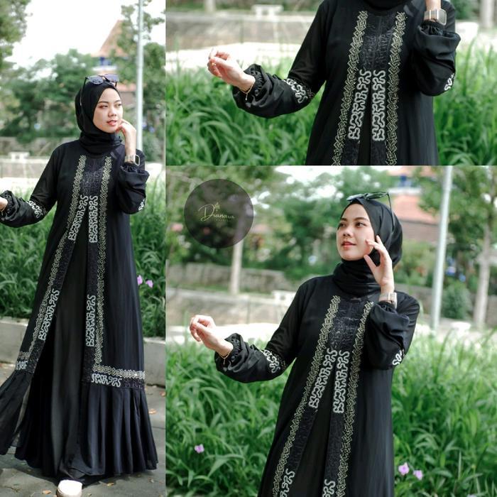 Gamis ABAYA BORDIR SILVER model tangan balon terbaru Polos Hitam Wanita Muslim Ceruty Mutiara