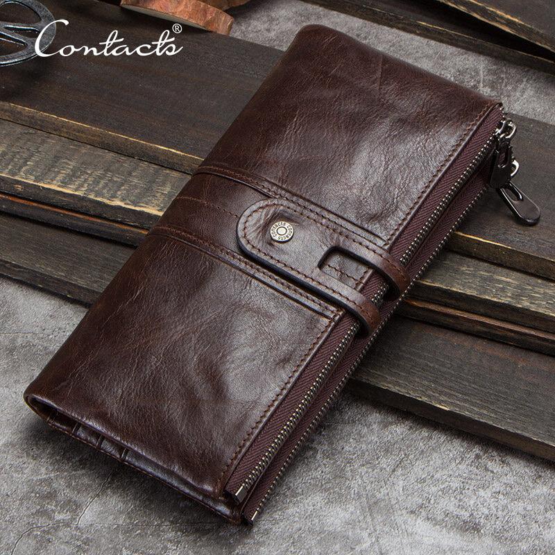 CONTACT'S Men Clutch Wallet Genuine Leather Long Wallet Hasp Card Holder Vintage Male Zipper Coin