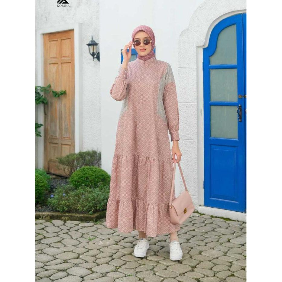 Korina Midi Dress Katun Printing Terbaru Muslim Wanita Dewasa Motif Panjang Cantik Nyaman
