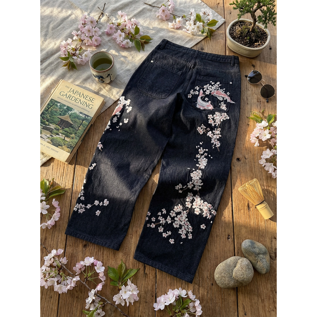 Y2K Trendy Casual Art Jeans Loose Black Jeans Adorned Koi Cherry Blossom Embroidery Trendy Jeans for