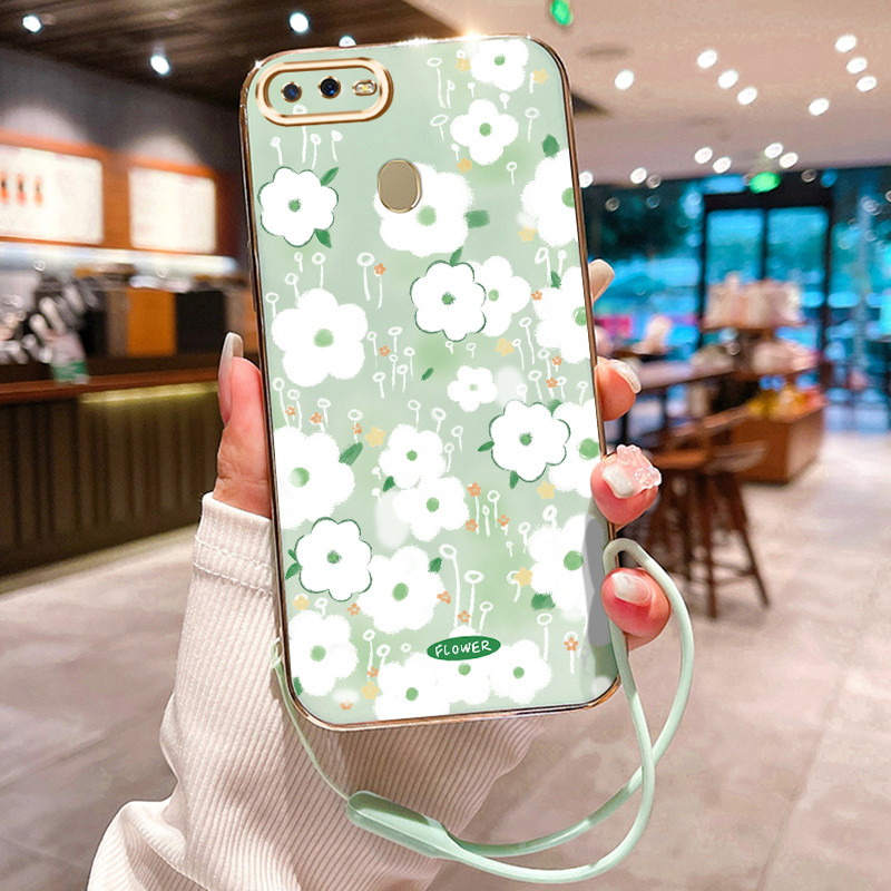 Casing Hp Untuk OPPO A7 A5s A12 A12s A11k Case Bunga putih Daun hijau mint Elektro Plating Cesing si
