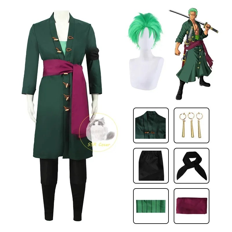 Anime Roronoa Zoro Cosplay Kostuum Uniform Groene Jas Riem Broek Hoofddoek Roronoa Zoro Pruik