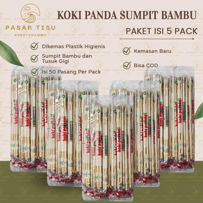 ( 5 PACK ) Sumpit KOKI PANDA import Per 5 PCS Isi 250 pasang dan Tusuk Gigi