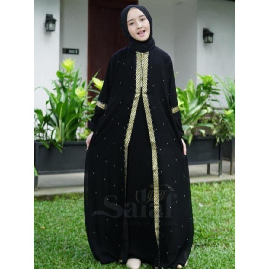 Abaya Gamis Hitam Anak Jetblack bordir lembut muslim wanita dress syari Arab Turki Maxi Remaja