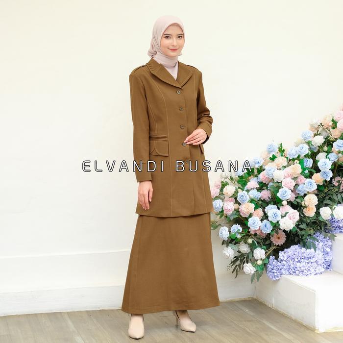 Setelan Jas Wanita Blazer Model Semi Tunik Khaki Tua Seragam Guru Baju Pns & Pemda - 6611 Setelan