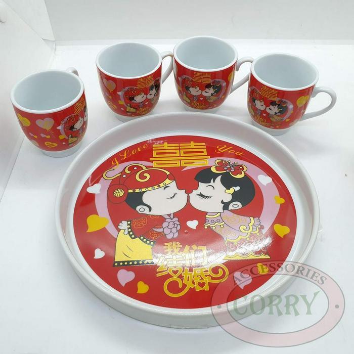 TEKO SET TEA PAI PERKAWINAN SHUANG XI MERAH PUTIH NAGA BURUNG HONG 4 CANGKIR TEH PIRING WEDDING