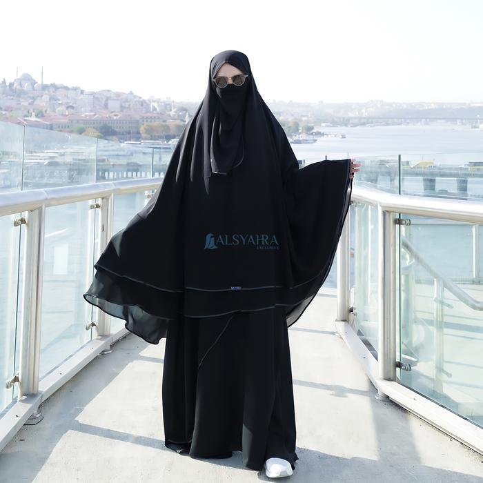 TERMURAH Set Khimar Butter2 Layer Bisban Cadar Tali Alsyahra Exclusive Sifon Silk Jetblack Size XXL