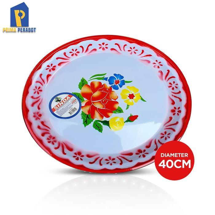 TERBARU Nampan Bulat Baki Enamel Bulat Motif Kembang 40 cm Bunga Merah BISA GOSEND
