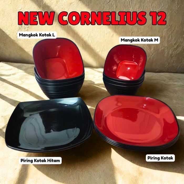 Set 16 Pcs Piring Mangkok KOTAK Duo Warna Hitam Merah Melamin Food Grade Gaya Resto Jepang PAKET