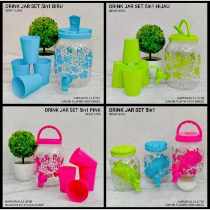 Drink Jar Set 5 In 1 - Dispenser Set Gelas - Peralatan Minum Set - Biru