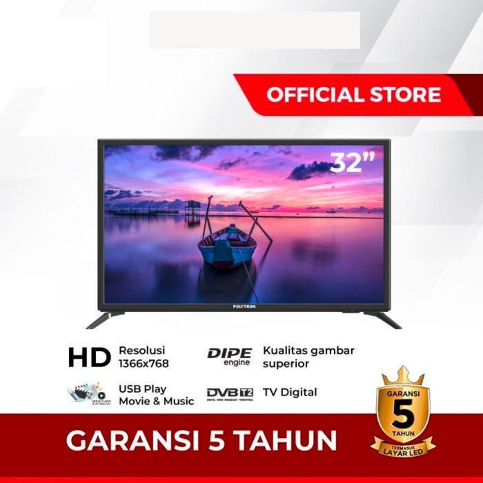 Led Tv Polytron 32 inch 32inch PLD32V1853 PLD 32V1853 USB Movie Digital DVB T2 Hitam Layar HD Resolu
