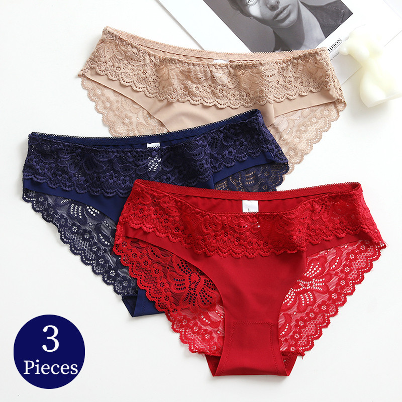 Trowbridge 3Pcs/Set Women'S Panties Lace Silk Satin Underwear Lingerie Soft Comfortable Female