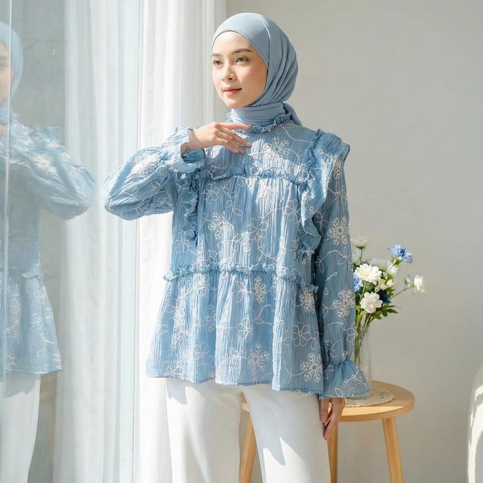 Blouse Lebaran Wanita Lengan Panjang / Blouse Putih Bordir / Blouse Kondangan