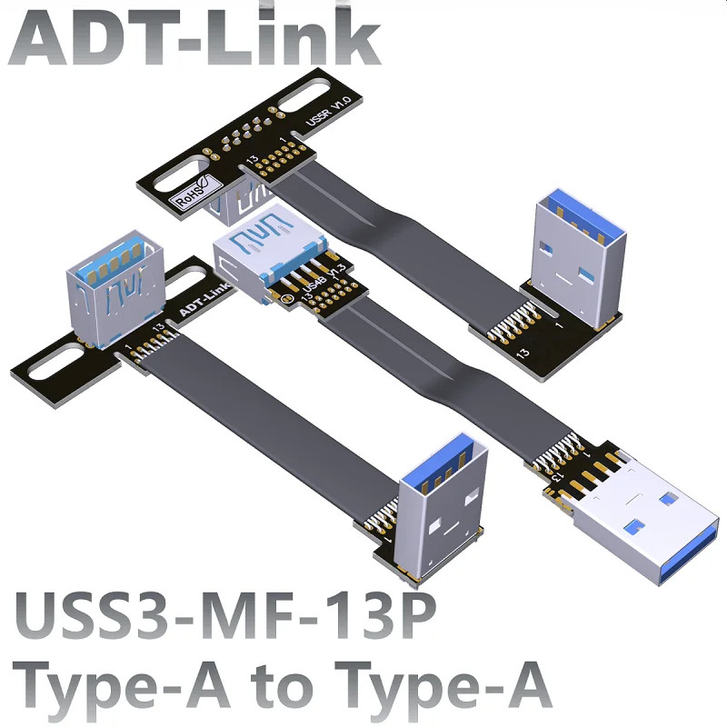Adt-Link Usb 3.0 Extension Flat Data Cable Male To Female Data Flexible Right Angled Extender Cord