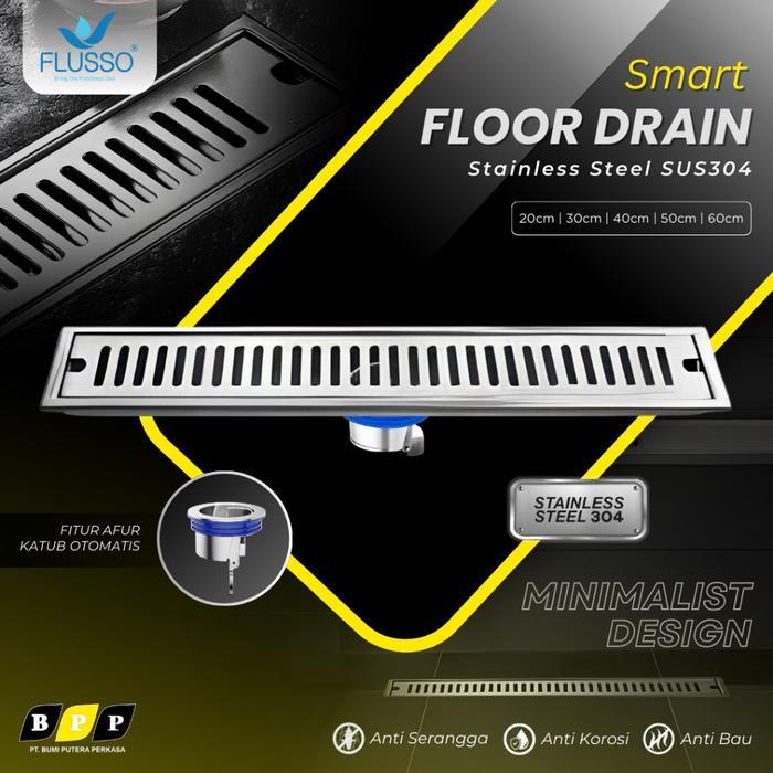 FLUSSO Floor Drain Saringan Air Kamar Mandi Panjang Stainless Afur Katub Otomatis Kuningan Saringan