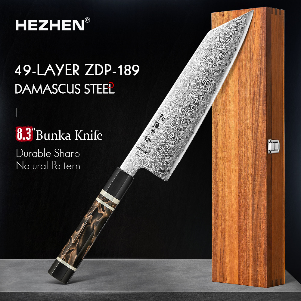 HEZHEN 8.3 Inch Bunka Knife 49 Layers ZDP-189 Damascus steel Powder Core Steel Kitchen Cook Wooden
