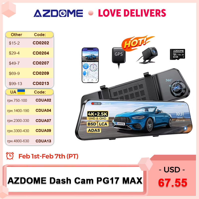 AZDOME PG17 MAX Front and Rear Dash Cam 12 Inch Touch Screen Car DVR 4K+2.5K Rearview Mirror Camera