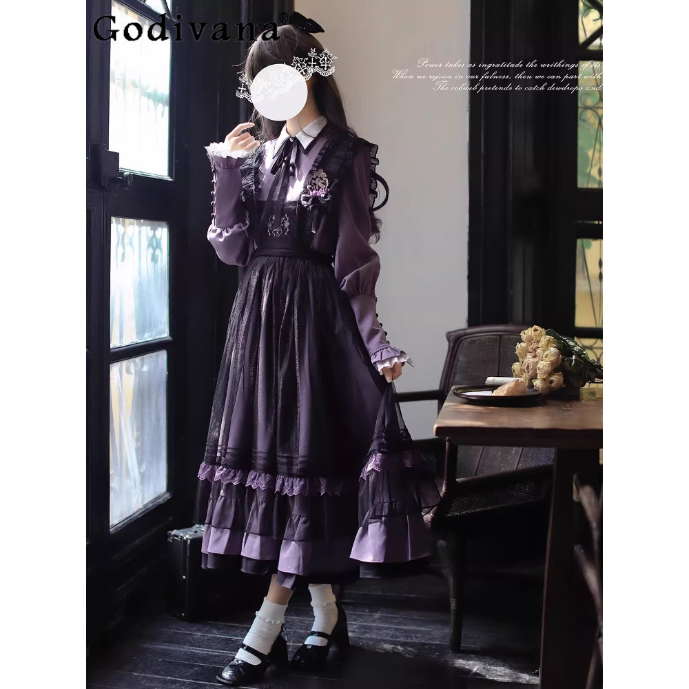 Mine Lolita Long-Sleeve Dress Set JSK for Women High-Waisted Retro Elegant Long-Sleeve Dress