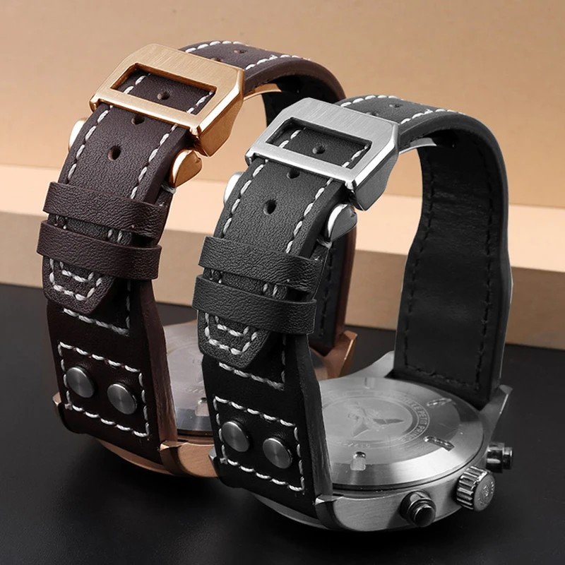 Genuine Leather Rivets Watchband For IWC Big Pilot Spitfire Brown Black Cowhide Folding Buckle Watch