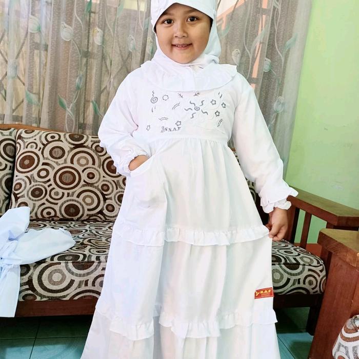 Gamis anak putih bordir naf Katun Muslim Baju Lembut Katun Bunga Polos Putih Cantik Nyaman Dress