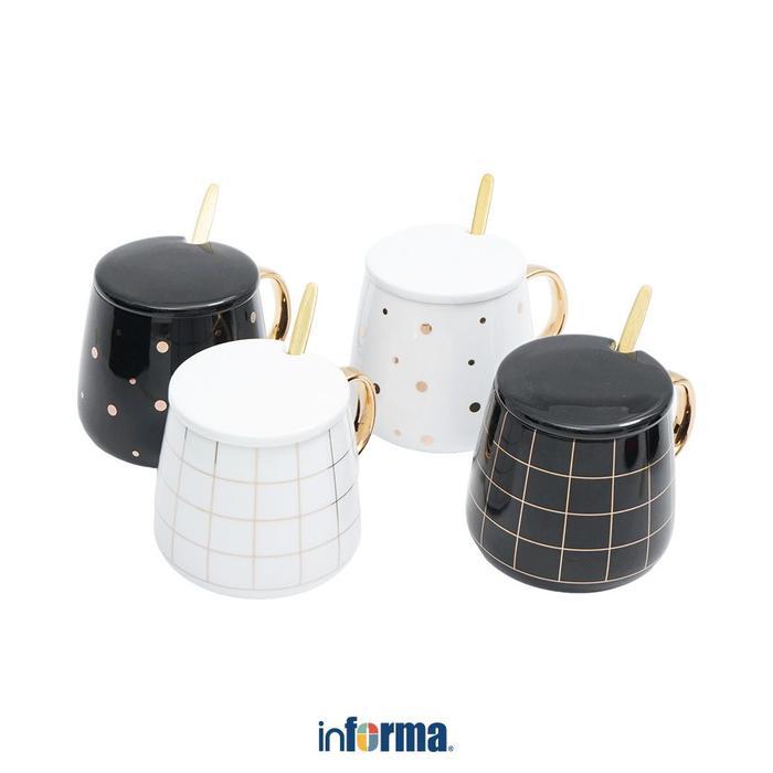 Informa Appetite 350 ml Set 4 Pcs Akiho Mug - Hitam/Putih Gelas Cangkir Keramik Minuman Kopi Teh