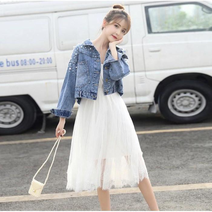 912 - JAKET JEANS CROP KOMBINASI MUTIARA TEMBAK OVERSIZE CROP Denim Grey Wanita