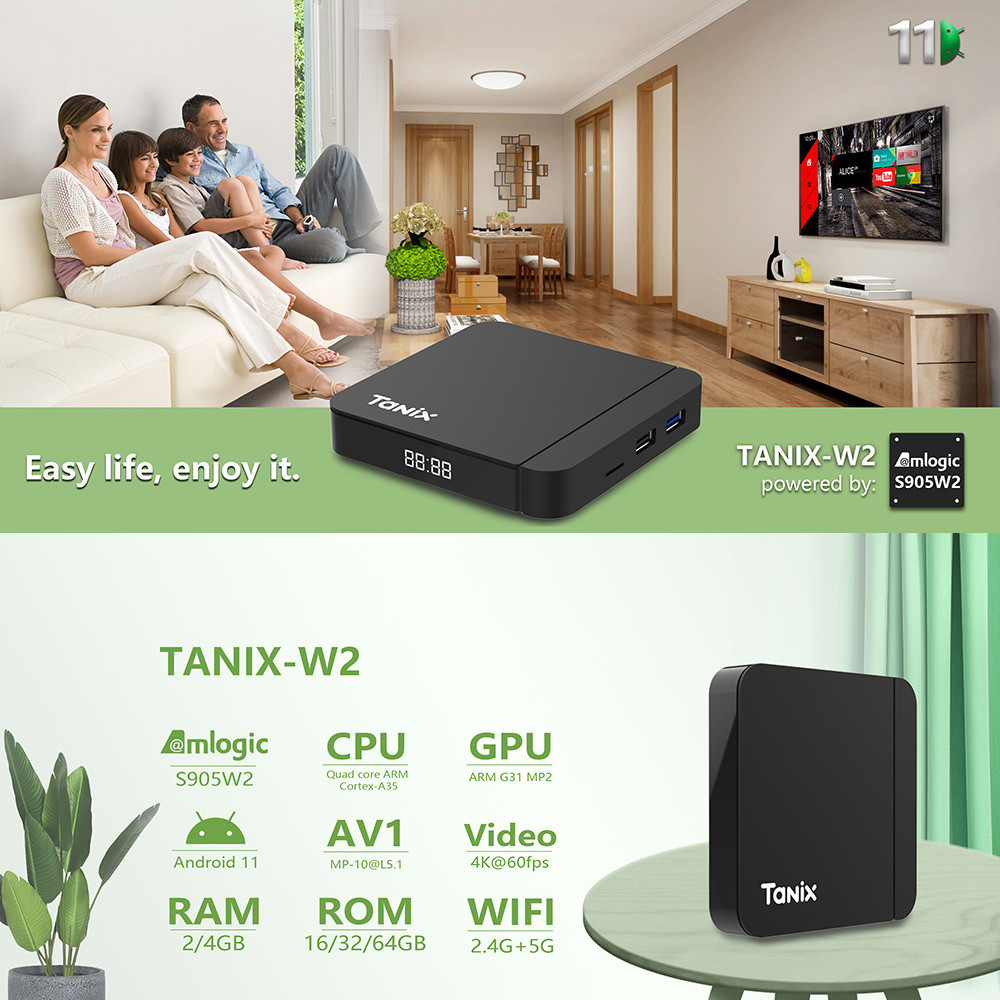 Tanix W2 TV Box Android 11 Amlogic S905W2 Android 11.0 Media Player H.265 AV1 Dual Wifi HDR 10+ Set