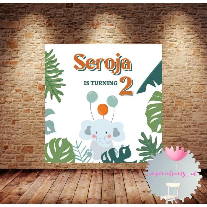 Custom Backdrop Banner Spanduk Happy Birthday Elephant Gajah Jungle